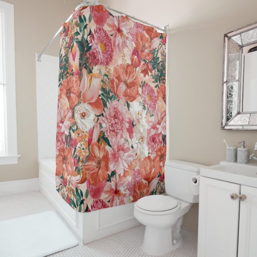 Oranje roze bloemmotief douchegordijn (In situ)