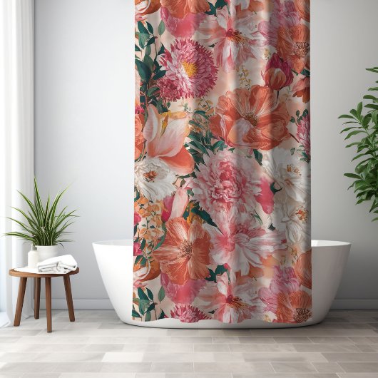 Oranje roze bloemmotief douchegordijn