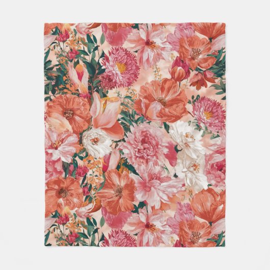 Oranje roze bloemmotief fleece deken (Voorkant)