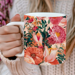 Oranje roze bloemmotief koffiemok