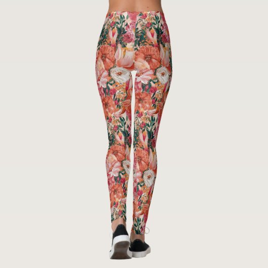 Oranje roze bloemmotief leggings (Achterkant)