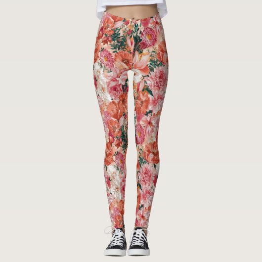 Oranje roze bloemmotief leggings (Voorkant)
