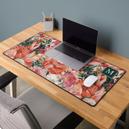 Oranje roze bloemmotief monogram bureaumat