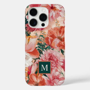 Oranje roze bloemmotief monogram iPhone 16 pro hoesje