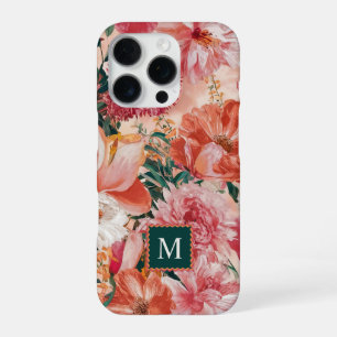 Oranje Roze Bloemmotief Monogram iPhone 16 Pro Hoesje