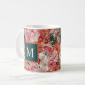 Oranje roze bloemmotief monogram koffiemok (Voorkant links)
