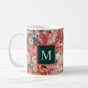 Oranje roze bloemmotief monogram koffiemok