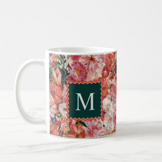 Oranje roze bloemmotief monogram koffiemok (Links)