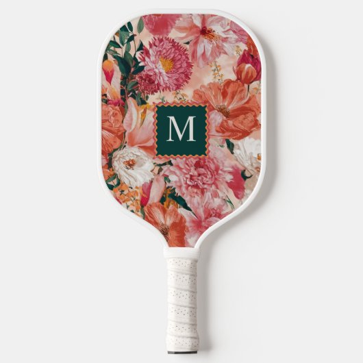 Oranje roze bloemmotief monogram pickleball paddle (Voorkant)
