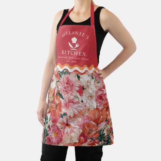 Oranje roze bloemmotief monogram schort (Insitu)