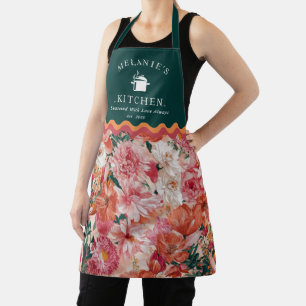 Oranje roze bloemmotief monogram schort