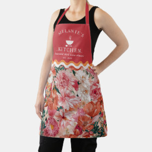 Oranje roze bloemmotief monogram schort