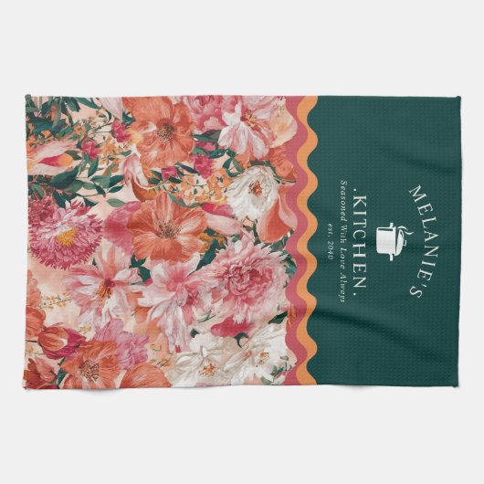 Oranje roze bloemmotief monogram theedoek (Horizontaal)