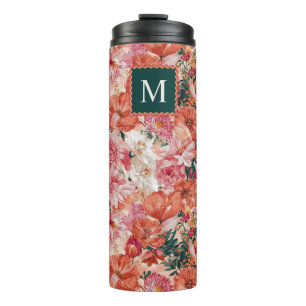 Oranje roze bloemmotief monogram thermosbeker