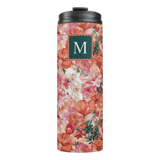Oranje roze bloemmotief monogram thermosbeker (Voorkant)