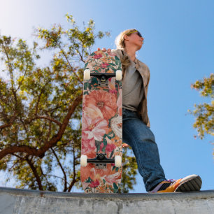 Oranje roze bloemmotief persoonlijk skateboard