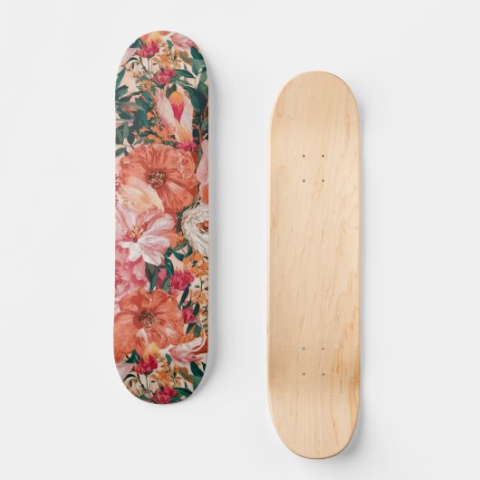 Oranje roze bloemmotief persoonlijk skateboard (Voorkant)