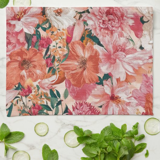 Oranje roze bloemmotief theedoek (Gevouwen)