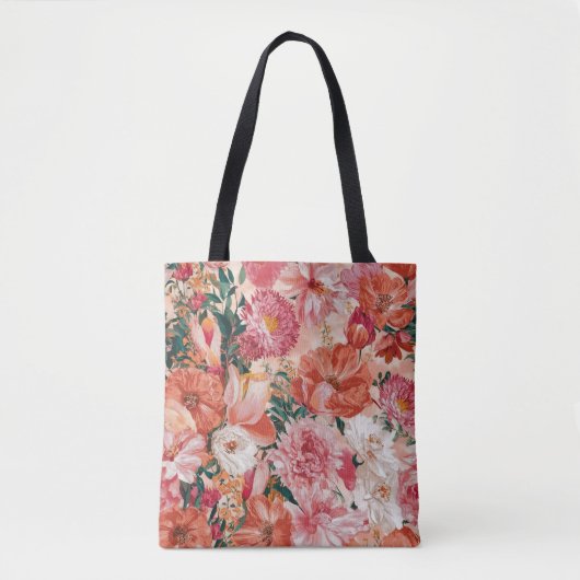 Oranje roze bloemmotief tote bag (Voorkant)