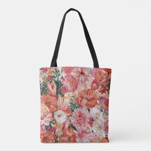 Oranje roze bloemmotief tote bag (Achterkant)
