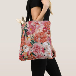 Oranje roze bloemmotief tote bag