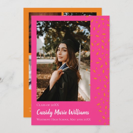 Oranje Roze Confetti Afstuderen Mededeling Kaart (Voorkant / Achterkant)