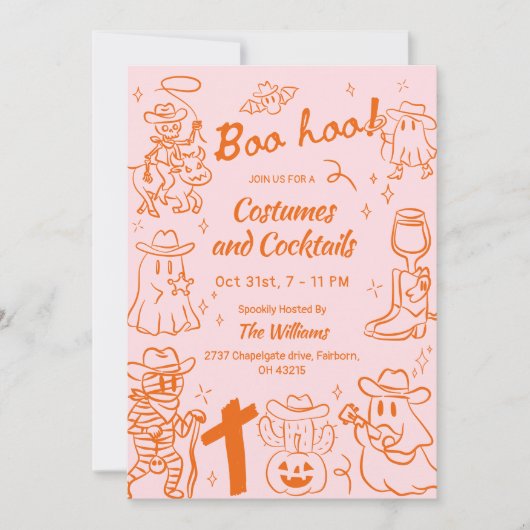 Oranje Roze Eigenzinnige Hand Getrokken Cowboy Hal Kaart (Voorkant)