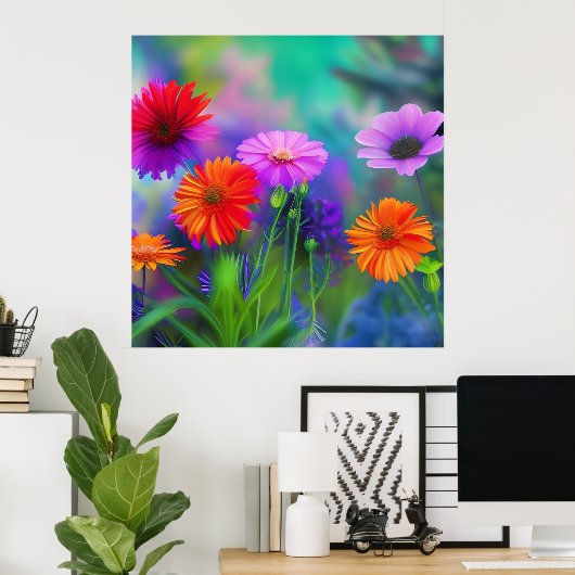 Oranje roze en paarse bloemen AI Art Poster (Thuiskantoor)