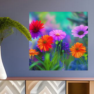 Oranje roze en paarse bloemen AI Art Poster