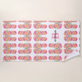 Oranje & Roze Flip Flops, Naam & Groot Monogram Be Strandlaken (Voorkant)