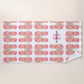 Oranje & Roze Flip Flops, Naam & Grote Monogram Be Strandlaken (Voorkant)