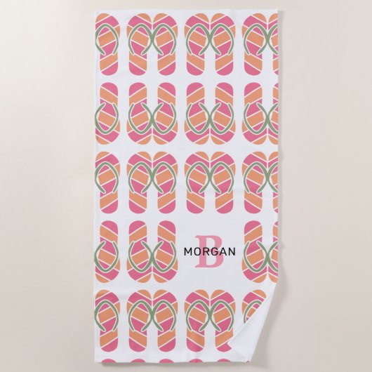 Oranje & Roze Flip Flops, Naam & Grote Monogram Be Strandlaken (Voorkant)