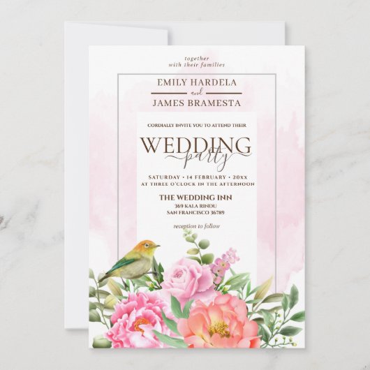 Oranje roze flora met Waterverf van vogels Kaart (Voorkant)