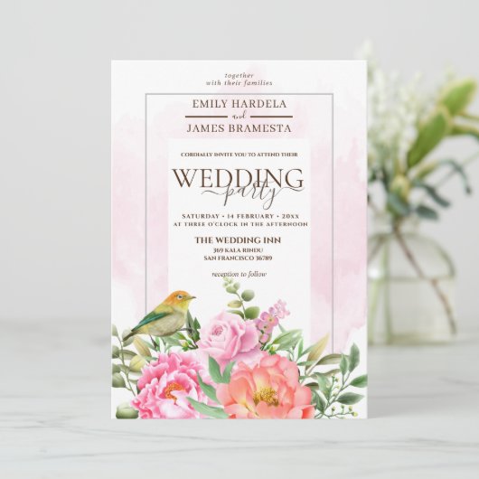 Oranje roze flora met Waterverf van vogels Kaart (Staand voorkant)