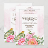 Oranje roze flora met Waterverf van vogels Kaart (Voorkant / Achterkant)