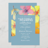 Oranje roze Floral Dusty Blue Wedding Invitation Kaart (Voorkant / Achterkant)