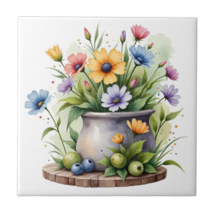 oranje, roze, gele en blauwe bloemen tegeltje