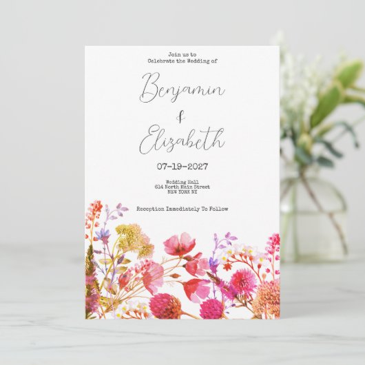 Oranje roze gele wilde bloem zomer Bruiloft Kaart (Staand voorkant)