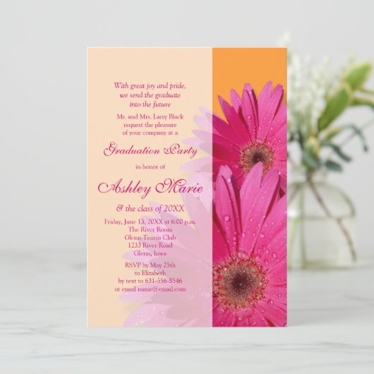 Oranje-roze Gerbera Daisy Afstuderen Uitnodiging (Staand voorkant)