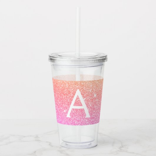 Oranje Roze Glitter & Sparkle Monogram Verjaardag Acryl Drinkbeker (Voorkant)
