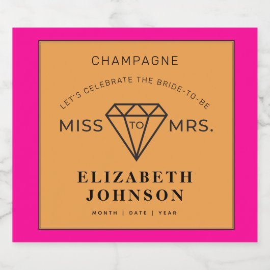 Oranje roze Miss naar Mrs Vrijgezellenfeest Sparkling Wijnetiket (Enkel label)