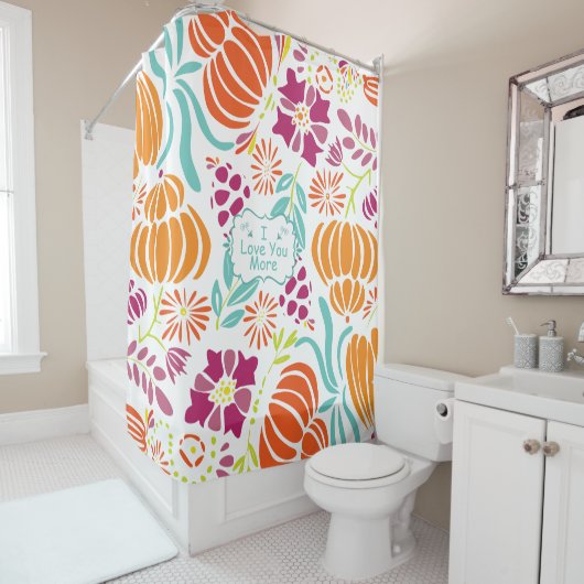 Oranje Roze Paarse Aqua Blauw Bloemenpatroon Douchegordijn (In situ)