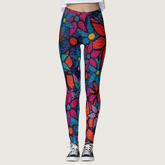 Oranje Roze Paarse Turquoise Bloemen Leggings (Voorkant)