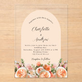 Oranje roze perzik bloemen boog duidelijk bruiloft acryl uitnodigingen (Voorkant)