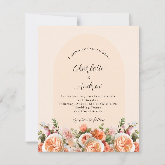 Oranje roze perzik bloemen boog huwelijksuitnodigi (Voorkant)