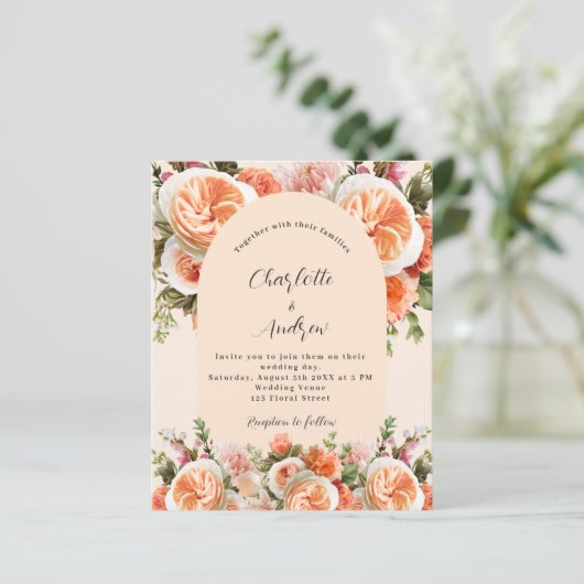 Oranje roze perzik bloemen boog huwelijksuitnodigi (Staand voorkant)