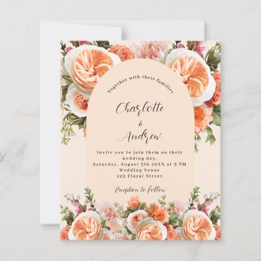 Oranje roze perzik bloemen boog huwelijksuitnodigi (Voorkant)