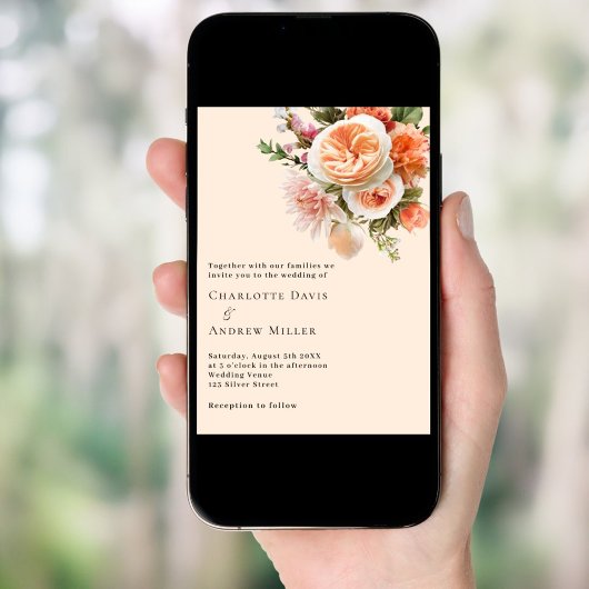 Oranje roze perzik bloemen bruiloft kaart