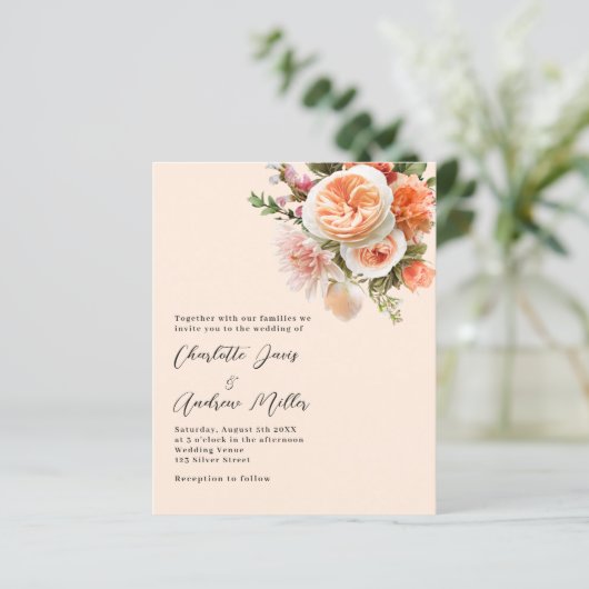 Oranje roze perzik bloemen huwelijksuitnodiging (Staand voorkant)