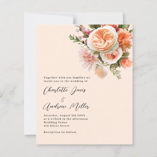 Oranje roze perzik bloemen huwelijksuitnodiging (Voorkant)